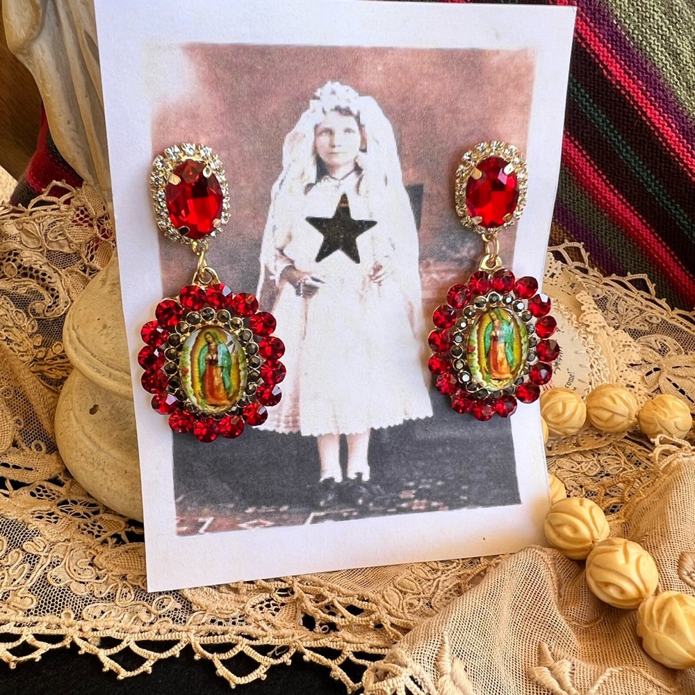 Oval Red Rhinestone Virgin Mary Earrings NWOT